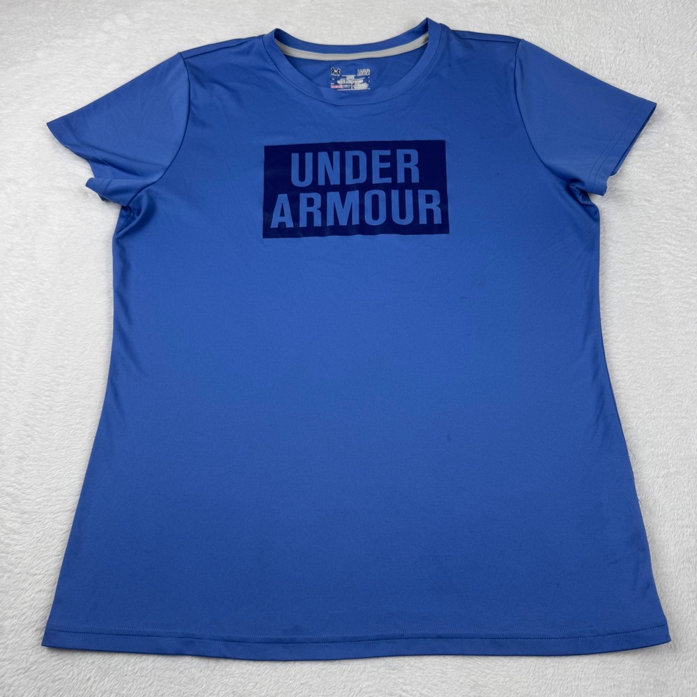 Under Armour T-Shirt Womens Large Blue HeatGear Loose Fit Graphic Tee Short Slv